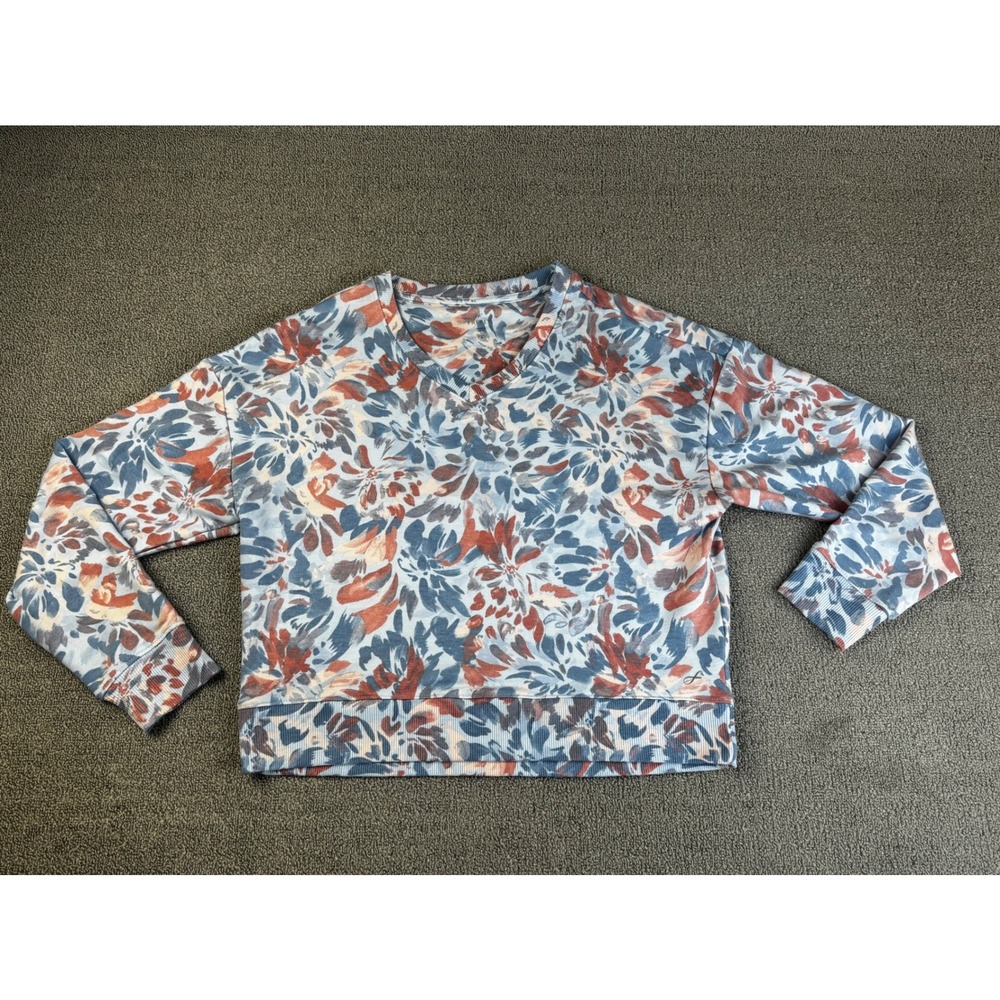 Freely Sweatshirt Women Small Floral Blue Orange Long Sleeve Pullover Athleisure